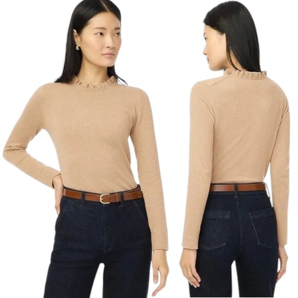 J. Crew Factory Ruffleneck Cotton Sweater - Heathered Mushroom - XL - Picture 1 of 9